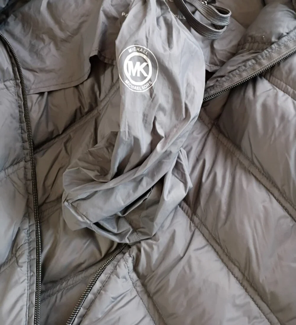 Michael Kors Packable Women's Long Gray Hooded Chevron Down Filled Coat XL